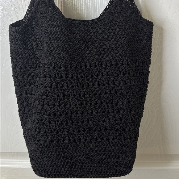 Black Slouch Crochet Knit Shoulder Bag with Snap Closure and inside Open Pocket - Picture 5 of 12